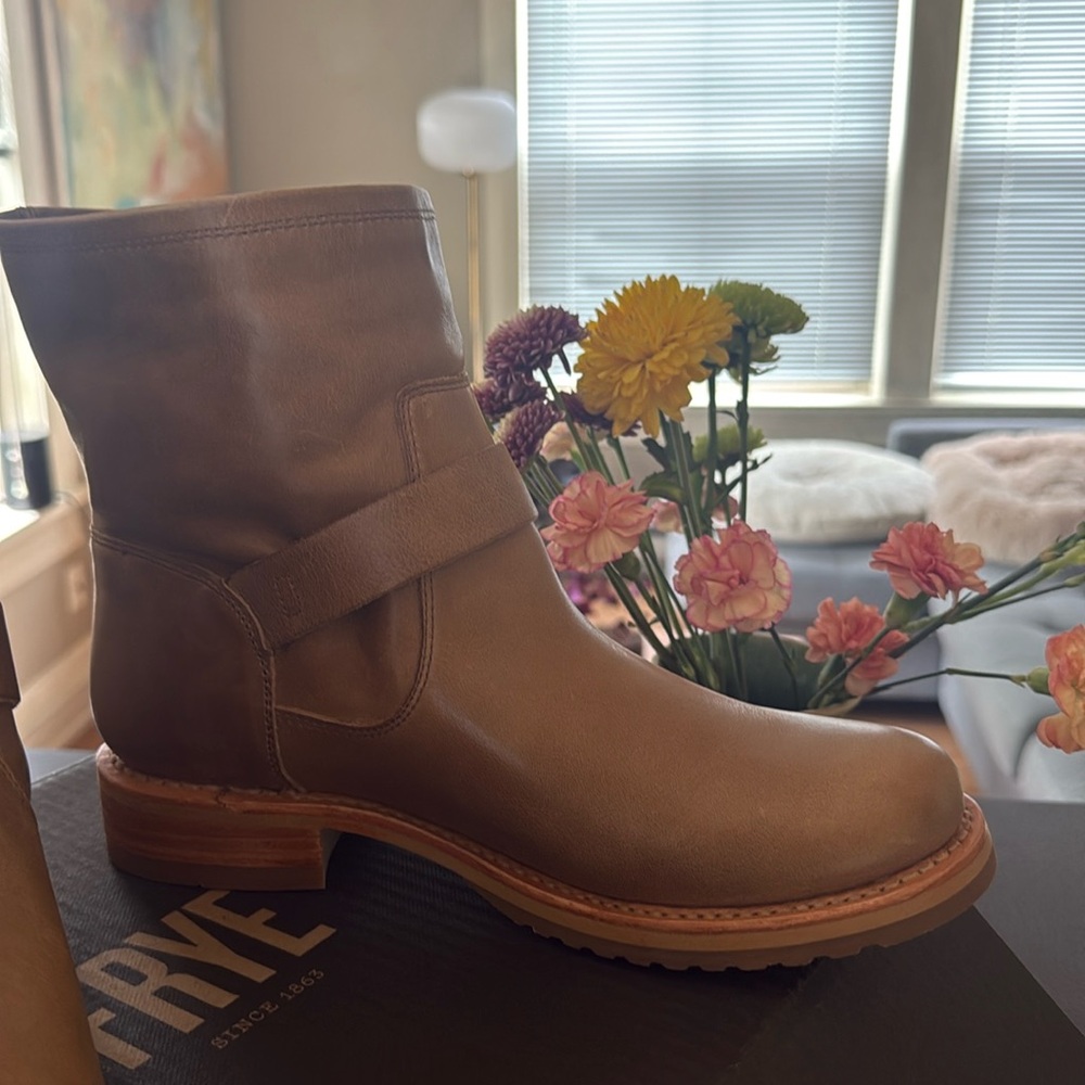 Frye Tan Leather Buckle Ankle Booties